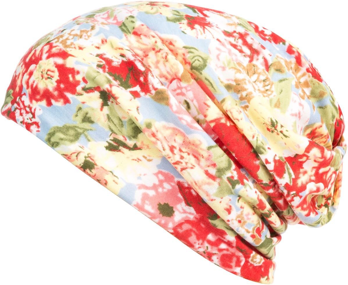 DancMolly Print Flower Cap Cancer Hats Beanie Stretch Casual Turbans for Women (Red 4)