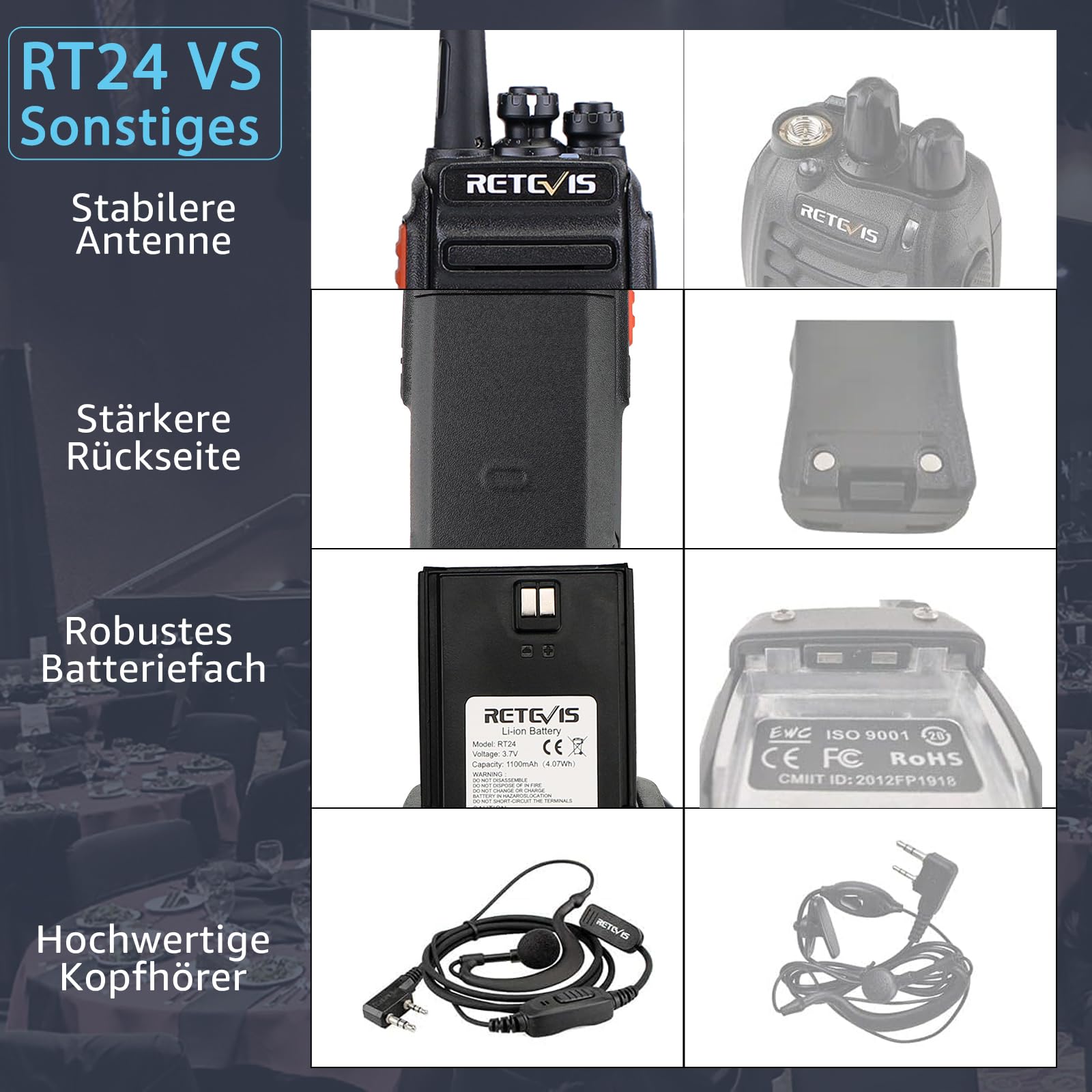 Retevis RT24 Walkie Talkie PMR446 Lizenzfreies, Professionelles Funkgerät mit Großer Reichweite und Freisprech-Walkie-Talkies für Erwachsene mit Ohrhörern und USB-Ladegerät (Schwarz, 1 Paar) 6