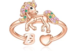 EXQUJEW Unicorn Initial Rings for Teen Girls, Rose Gold/White Gold Plated Heart Initial Rings for Girls Adjustable Stackable Rings for Women Diny Heart Ring for Teen Girls Gifts Unicorns Gifts for Girls