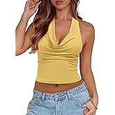 REORIA Women's Cowl Neck Halter Tank Tops Backless Double Lined Y2k Shirts Cute Summer Trendy Sleeveless Crop Tops