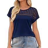 Imily Bela Womens Summer Tops Dressy Casual Short Sleeve Lace Trendy Shirts Crewneck T Shirt Hollow Out Loose Blouses