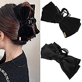 TUCEWP Black Bow Hair Clips for Women Girls 2Pcs Velvet Silky Satin Bow Claw Clip for Long Curly Thick Hair Strong Hold Bowknot Hair Barrettes Claw Jaw Nonslip Hair Catch Clamps Large Hair Accessories