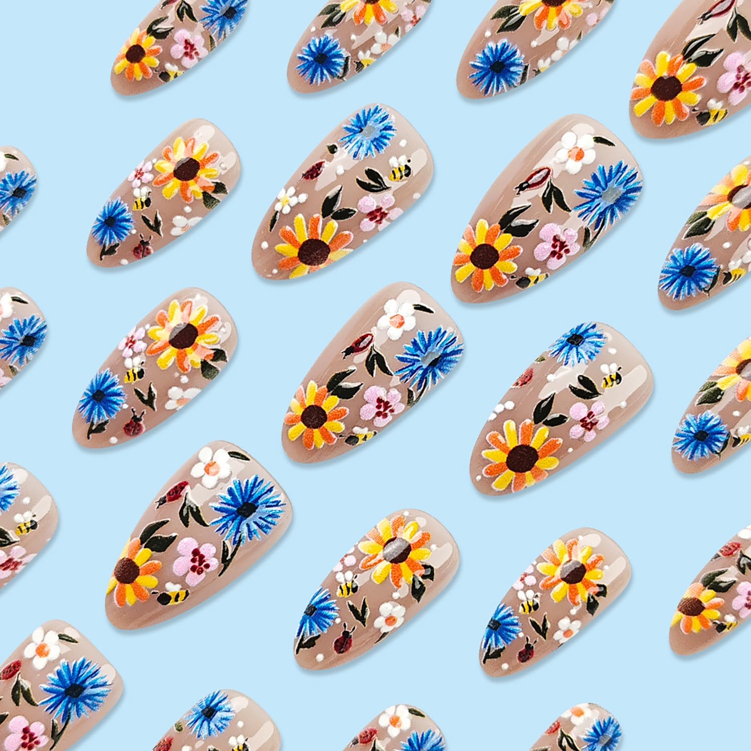 Spring Press On Nails Medium Almond Fake Nails Flower Nails Press Ons Acrylic False Nails With Flower Daisy Designs Full Cover Glue On Nails Artificial Stick On Nails For Women 24Pcs - Image 3
