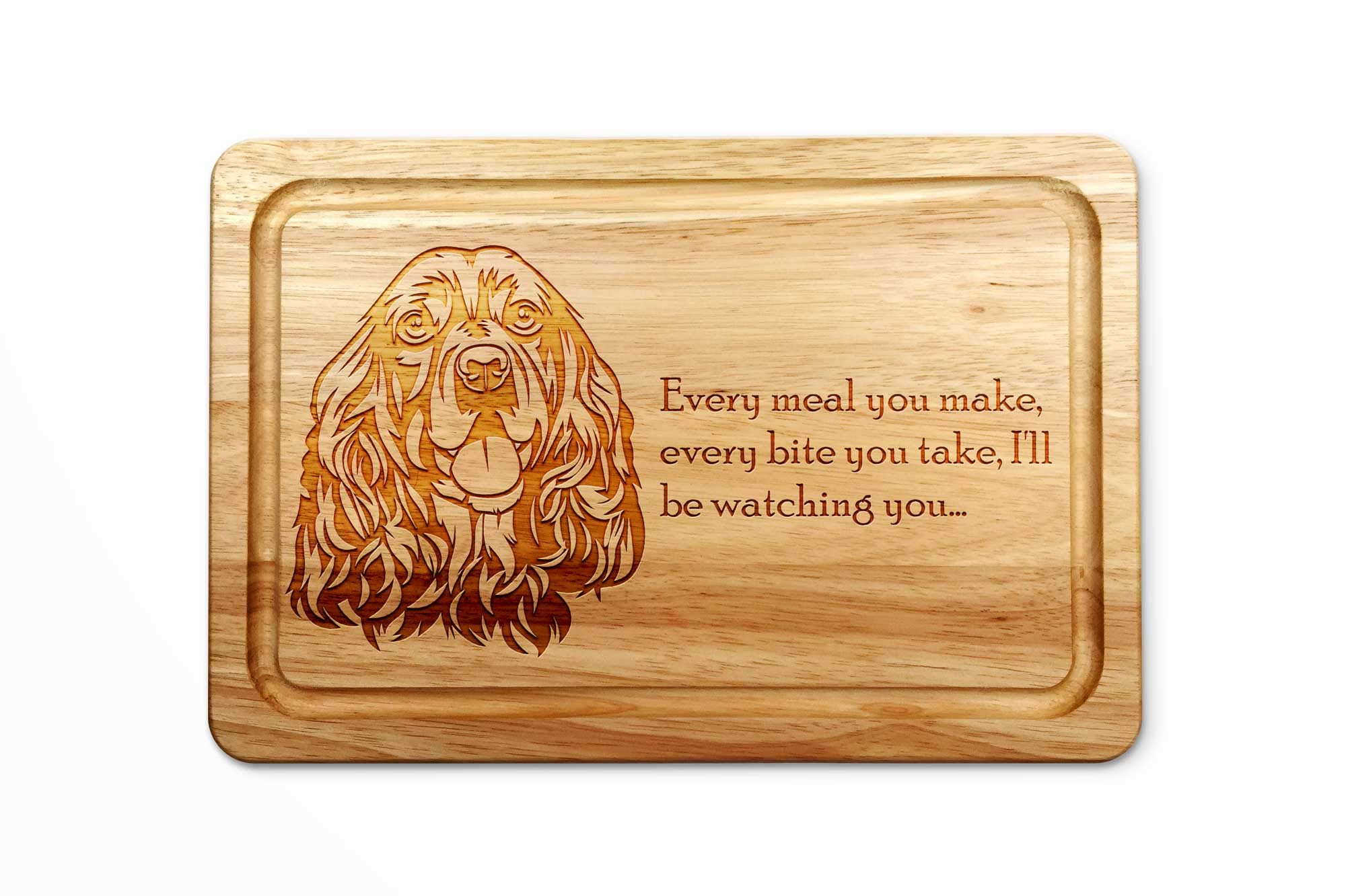 Hardwood Chopping Board with Cocker Spaniel Dog Design - 30x20 cm Kitchen Cutting Board with Juice Groove - Gift Idea for Him or Her, Christmas & Birthdays - Made in The UK