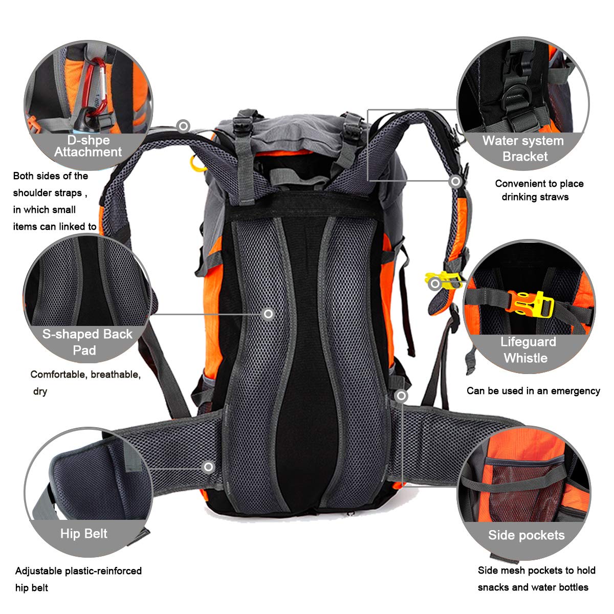 ONEPACK 50L(45+5) Hiking Backpack Daypack Waterproof Outdoor Sport Camping Fishing Travel Climbing Mountaineering Cycling Skiing with Rain Cover (Orange)