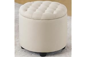 Furniliving Modern Round Storage Ottoman,Button Tufted Ottoman Foot Stools Ottoman Footstool with Removable Lid Storage Ottoman for Living Room, Bedroom, Makeup Room，Beige