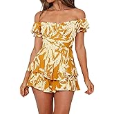 Fixmatti Women Boho Romper Off Shoulder Ruffle Chiffon Shorts Jumpsuit Playsuits