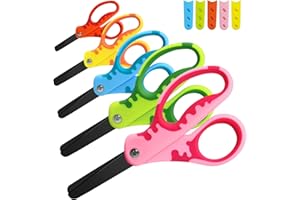 OIIJIOK Kids Scissors,Safety Toddler Scissors with Cover,Small Craft Scissors for Home and School,Blunt Tip Stainless Steel Blades with Black Coated and Soft Grip,5 Pack