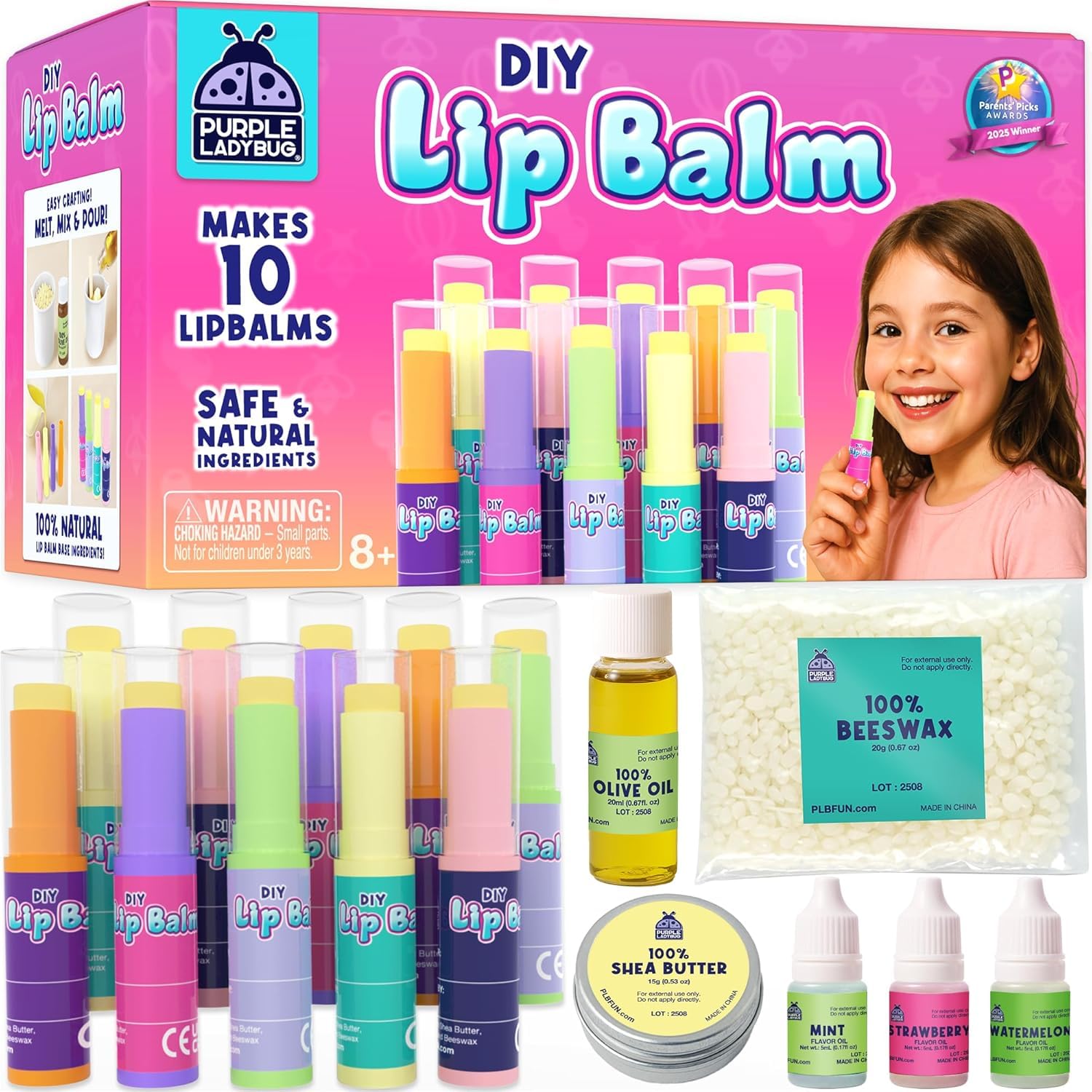 PURPLE LADYBUG Lip Balm Making Kit for Girls Age 8+ - BPA Free - Natural Ingredients - Make Your Own Lip Balm Set, Great 8 Year Old Girl Gifts, Arts and Craft Kit Toy for Ages 8 9 10 11+, Kid Presents