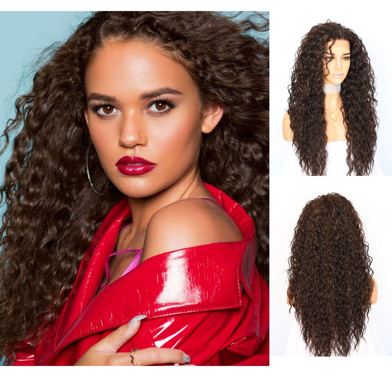 Sapphirewigs Curly Lace Front Wig Highlight Brown Synthetic Wigs for Women 13x3 Daily Wear Party Christmas Halloween Heat Resistant 26 inch