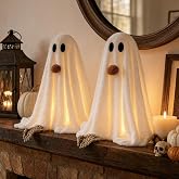Halloween Decorations-2 Pack Light-Up Sherpa Ghosts with Pumpkin | Halloween Decor Indoor Cute Ghost Decorative Signs Tabletop Decor for Party Home Kitchen and Fireplace