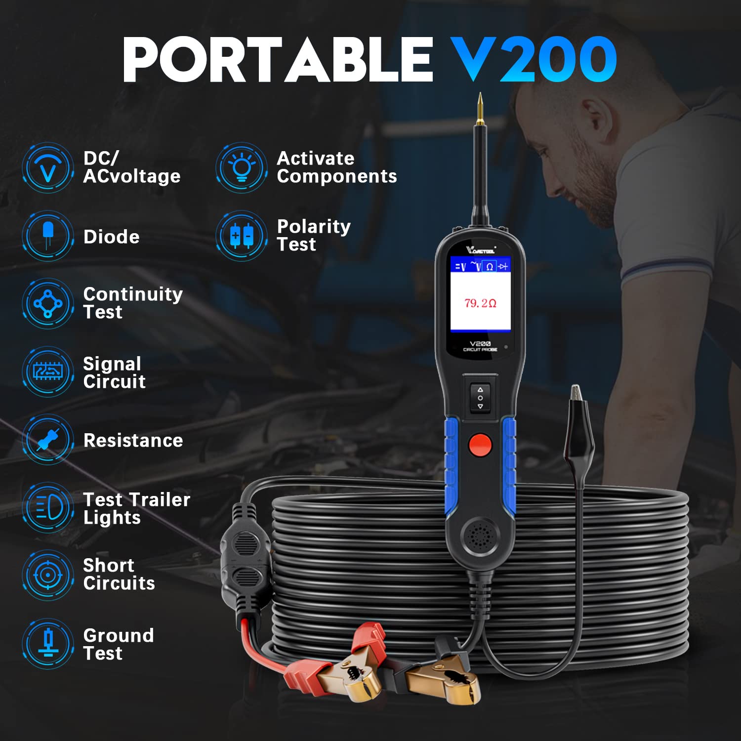 VDIAGTOOL V200Pro Power Scan Circuit Tester – 12V/24V Electrical Probe With 30-Pin Accessory Set
