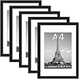 upsimples A4 Picture Frame Set of 5, Display Pictures 6x8 with Mat or 8.3x11.7 Without, Wall Gallery Poster Frames, Black