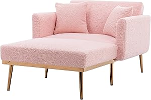 SULOPS Convertible Chaise Lounge Chair and Ottoman Set, Recliner Chair 3 in 1 Modern Accent Chair Comfy Sleeper Chair Reading Chair with 2 Pillows for Living Room Home Office Study(Pink Teddy)