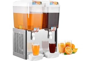 EUKER Commercial Ice Beverage Dispenser, 2 Tanks 9.6 Gallon Stainless Steel Drink Dispenser with Thermostat Control, 370W 36L Cold Juice Dispenser for Cafeterias, Hotel Parties,Sliver