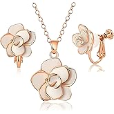 Dainty Rose Flower Pendant Necklace Clip On Earrings Set for Women 14K Gold Plated Hypoallergenic Jewelry Sets