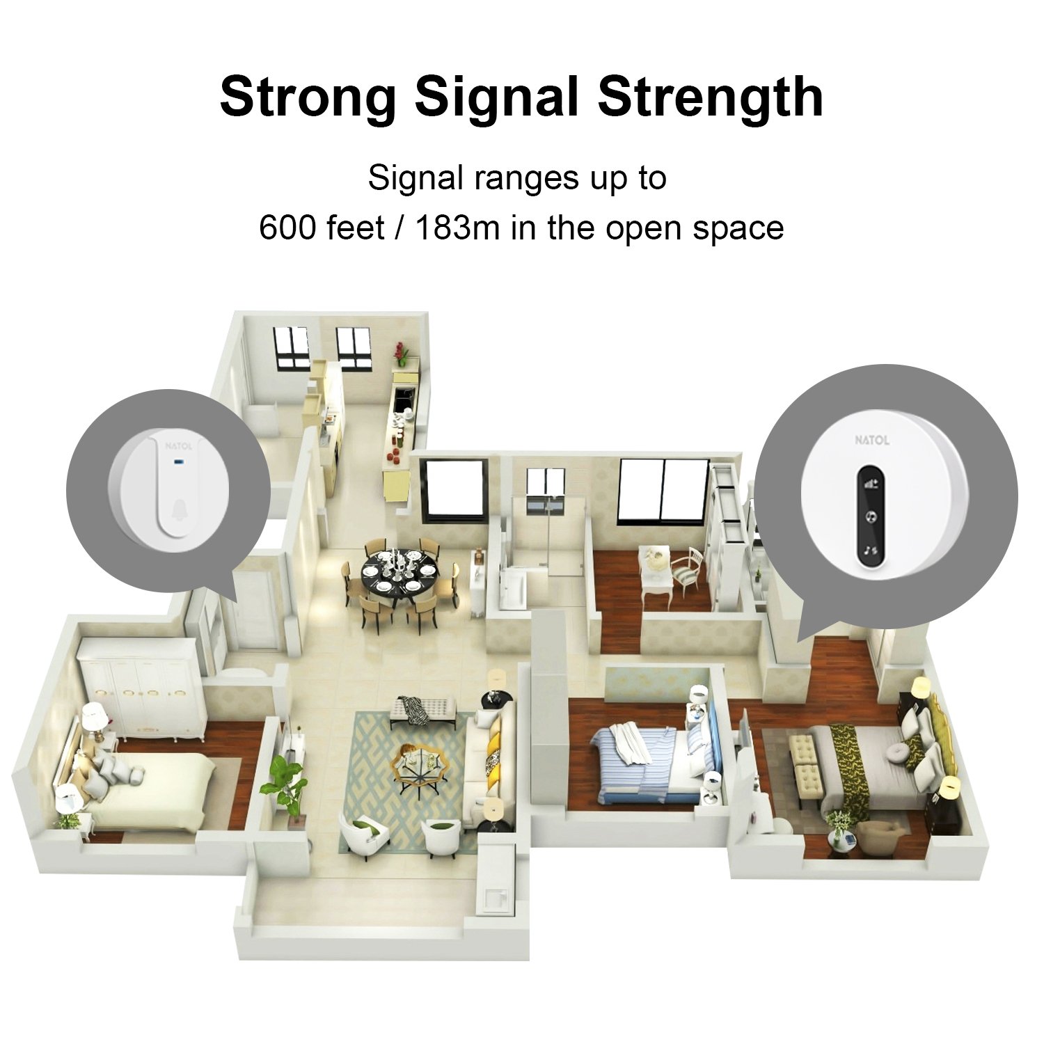 NATOL Wireless Doorbell for Home Waterproof Wireless Doorbell Battery-Free 600FT Free-Barrier Transmission with 58 Chimes, Slide to Adjust Volume & LED Flash (NT-WD01)