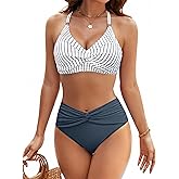 Blooming Jelly Women's High Waisted Bikini Sets Matel Tummy Control Swimsuits V Neck Twist Front Bathing Suit