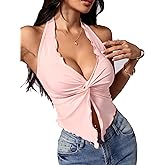 OYOANGLE Women's Twist Front Sleeveless Halter Top V Neck Asymmetrical Summer Crop Top Y2K