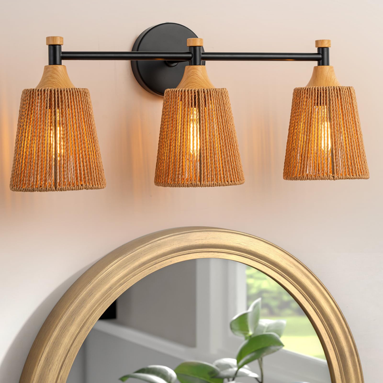 Photo 1 of FIYUEOYI Bathroom Light Fixtures, Boho 3 Light Bathroom Vanity Light Over Mirror with Rattan Woven Wicker Lampshade Rustic Wall Sconce Lighting for Bedroom Kitchen Hallway