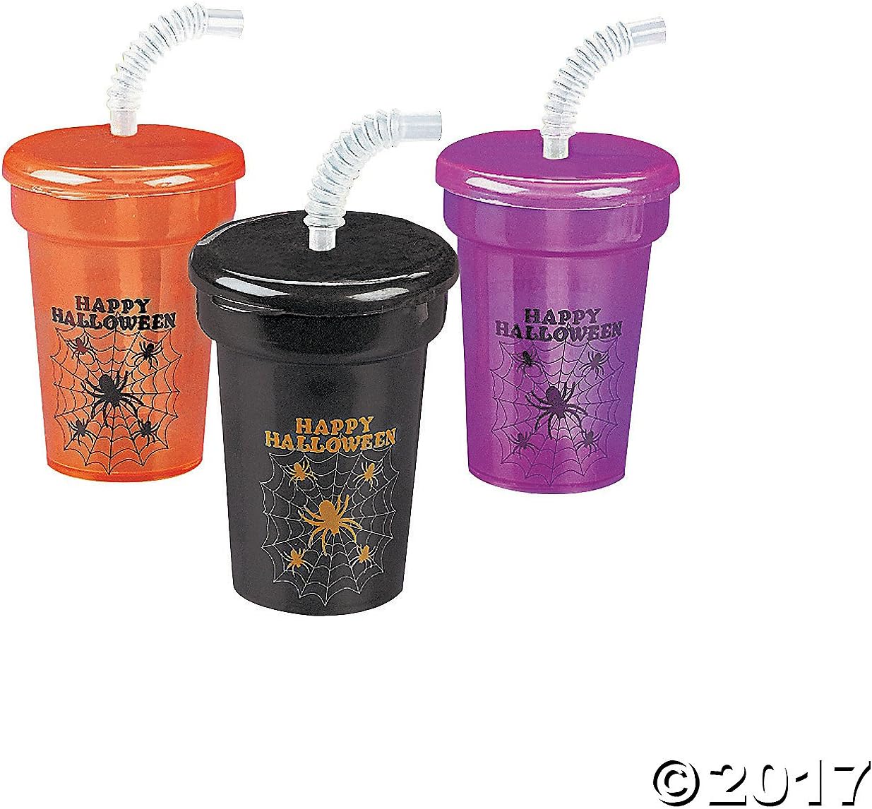 Fun Express 12 Plastic Halloween Mini Cups with Lids and Straws/Party Supplies/Drinkware/Favors