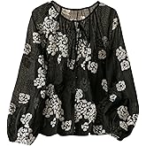 GORGLITTER Women's Boho Peasant Blouses Floral Embroidered Tops Summer Sheer Tie Front Flowy Long Sleeve Button Up Shirts