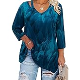Amrto Plus Size Shirts for Women 3/4 Length Sleeve Tops Cotton Loose Fit Dressy Cut Out V Neck Tunic with Leggings(XL-5XL)