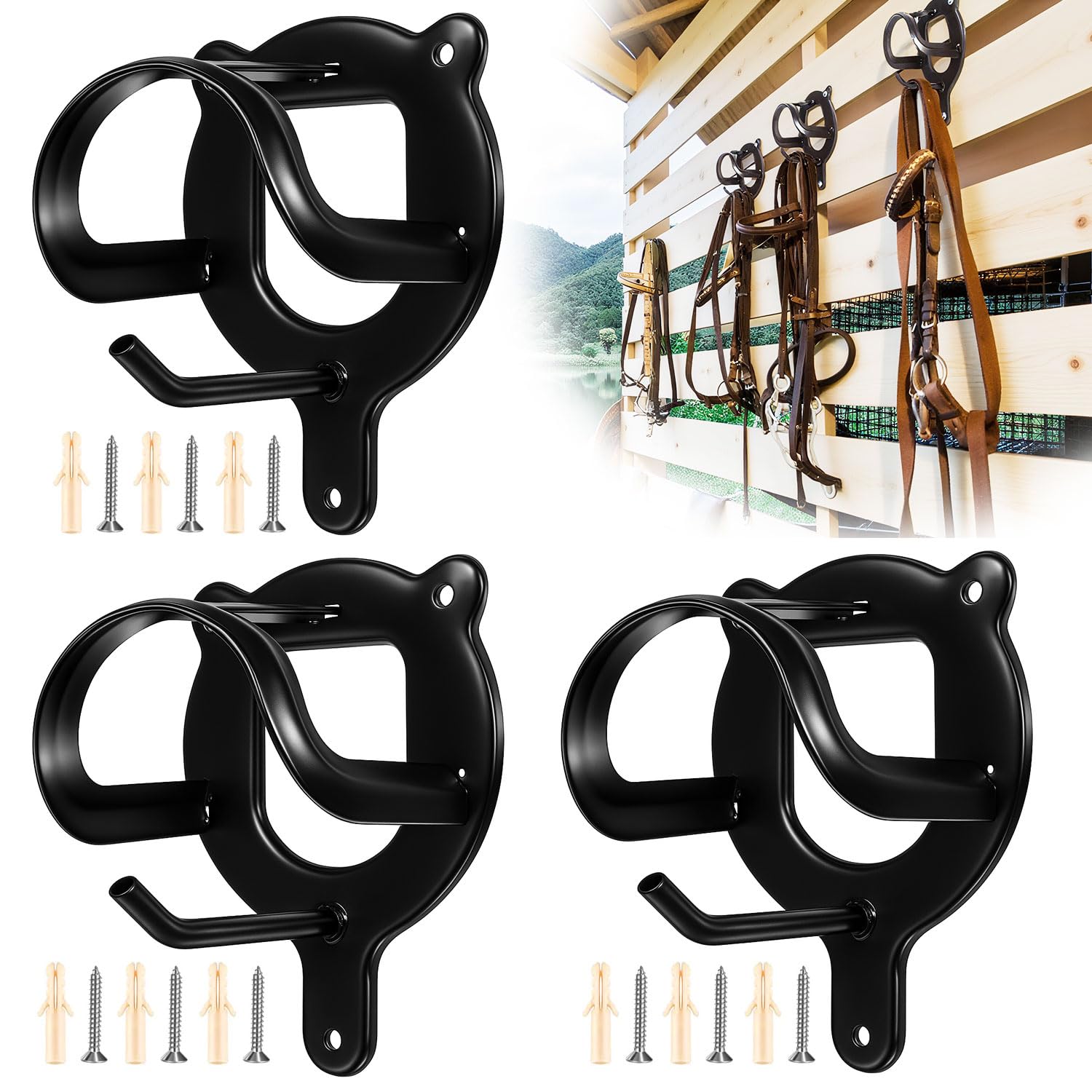 Photo 1 of 3 Pack Horse Bridle Rack Bridle Hooks – Metal Tack Hanger with Tubes & Screws for Horse Barn, Stable, or Garage Storage, Matte Black