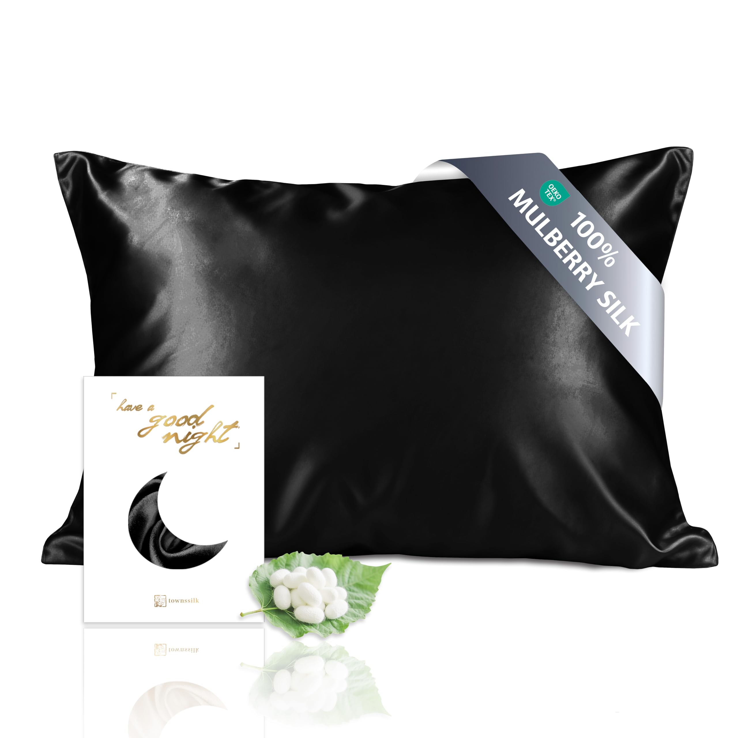 townssilk Both Side 100% 19mm Silk Pillowcase 40x80cm size Pillow Case Cover with Hidden Zipper Black