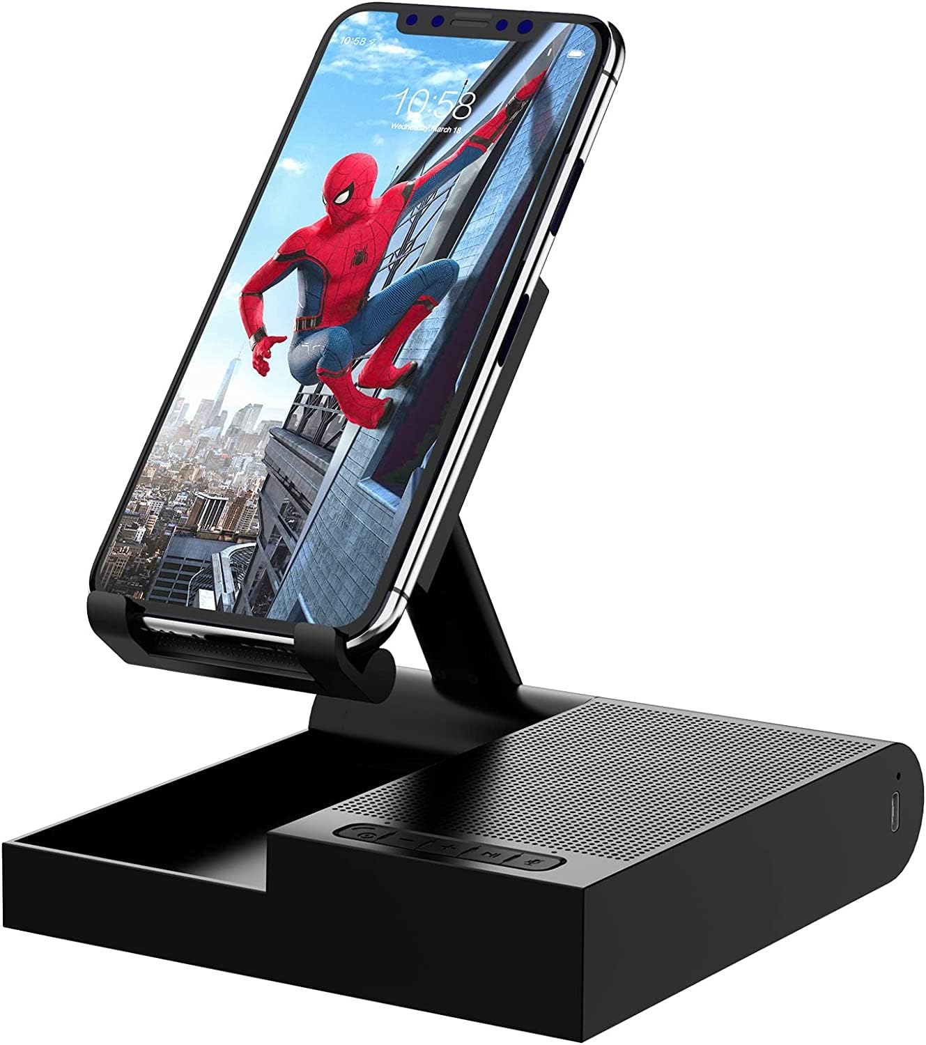 DOSS Cell Phone Stand with Wireless Bluetooth Speaker, 15W Wireless Charger and Anti-Slip Base, Crisp Surround Sound, Portable Speaker for Home and Office, Compatible with Phone, Tablet.
