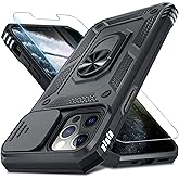 Janmitta Case for iPhone 12 Pro Max Phone Cover Built in Slide Camera Lens Cover+Screen Protector,Heavy Duty Shockproof Full Body PhoneCase with Finger Ring Holder Kickstand,Black