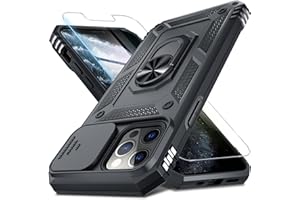 Janmitta Case for iPhone 12 & 12 Pro Phone Cover Built in Slide Camera Lens Cover+Screen Protector,Heavy Duty Shockproof Full Body PhoneCase with Finger Ring Holder Kickstand,Black