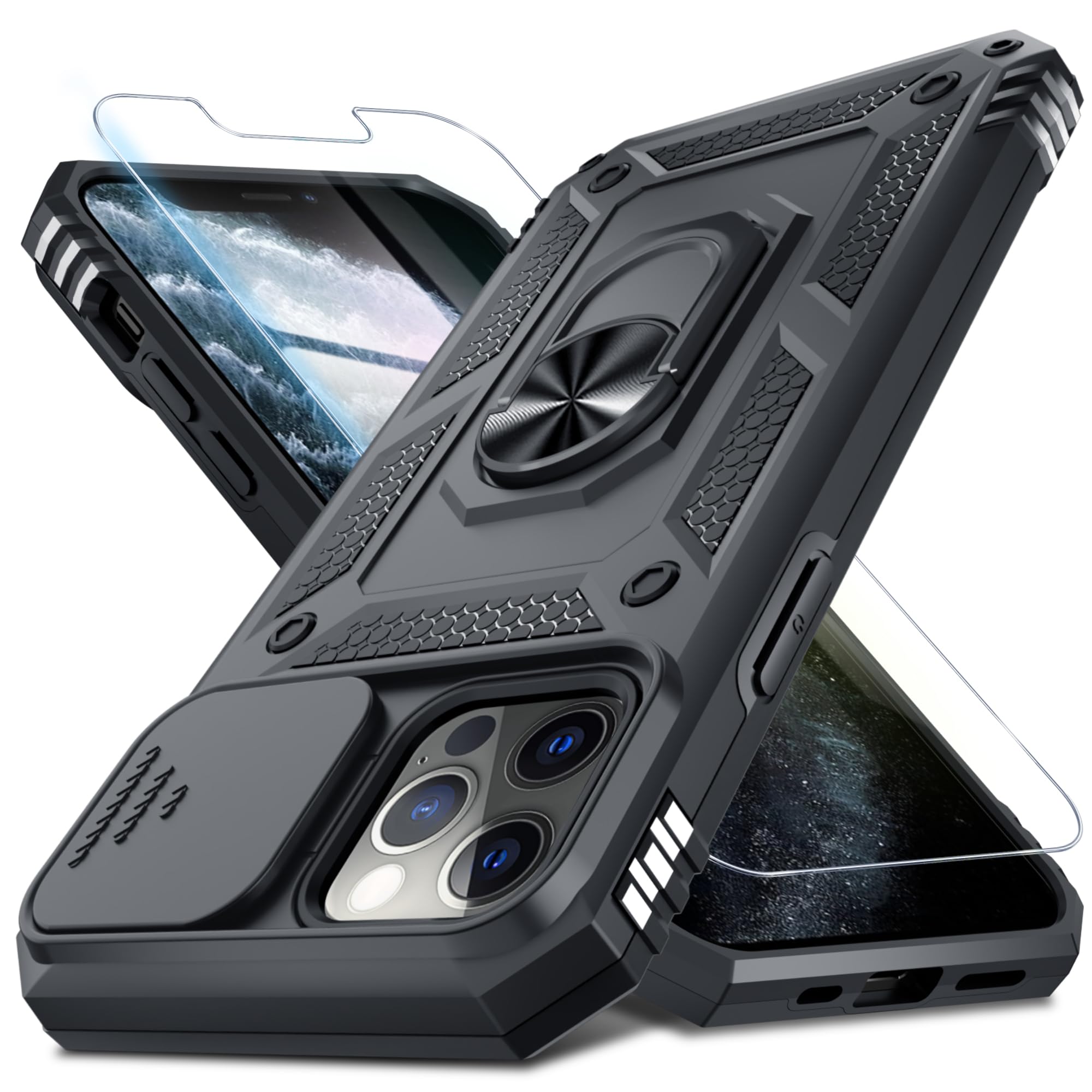 Photo 1 of Janmitta Case for iPhone 12 Mini & 13 Mini Phone Cover Built in Slide Camera Lens Cover+Screen Protector,Heavy Duty Shockproof Full Body PhoneCase with Finger Ring Holder Kickstand,Black