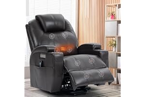 EZZUP Power Lift Chair for Elderly,PU Leather Electric Recliner w/Massage and Heating, 3 Positions, Side Pockets and Cup Holders, USB Ports, Remote Control, Motorized Home Theater Seat, Brown