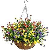 BCBLF Artificial Hanging Plants Flowers with Basket for Spring Summer Outdoor Decoration, Yellow Purple Pink Red