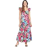 London Times Women's Elastic Ruffle Sleeve Square Neck Maxi Dress Easy Summer Fun Vacation
