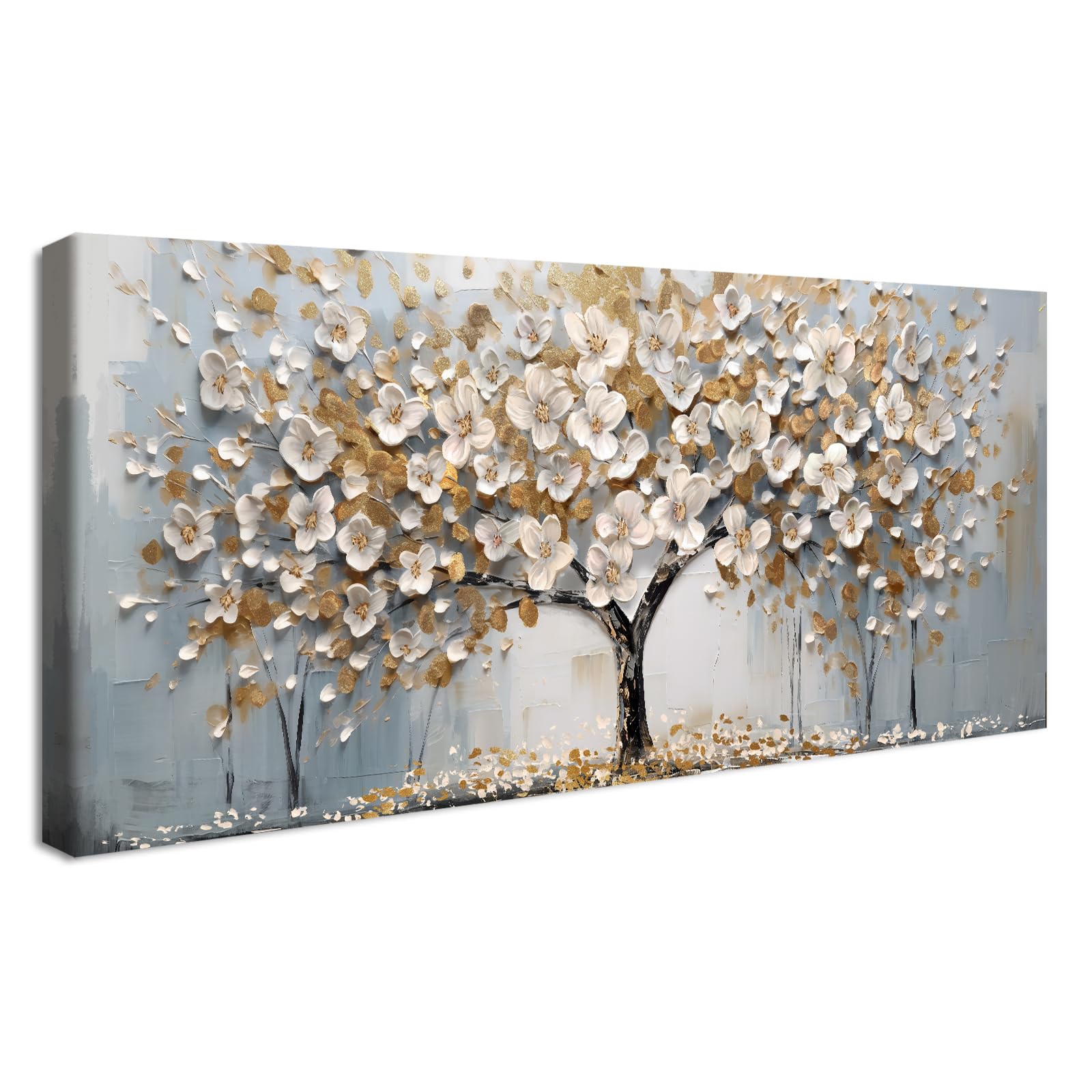 Wooden Framed Canvas Wall Art White Flowers Tree Painting on Canvas Prints Poster Abstract Blossom Tree of Life Floral Pictures for Living Room Bedroom Restaurant Home Office Wall Decoration 50x120cm