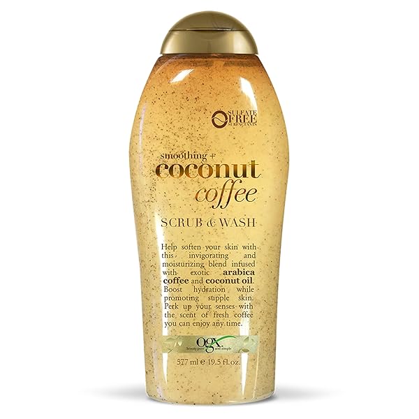 OGX SMOOTHING + COCONUT COFFEE EXFOLIATING BODY SCRUB WITH ARABICA COFFEE & COCONUT OIL, MOISTURIZING BODY WASH FOR DRY SKIN, PARABEN-FREE WITH SULFATE-FREE SURFACTANTS, 19.5 FL OZ