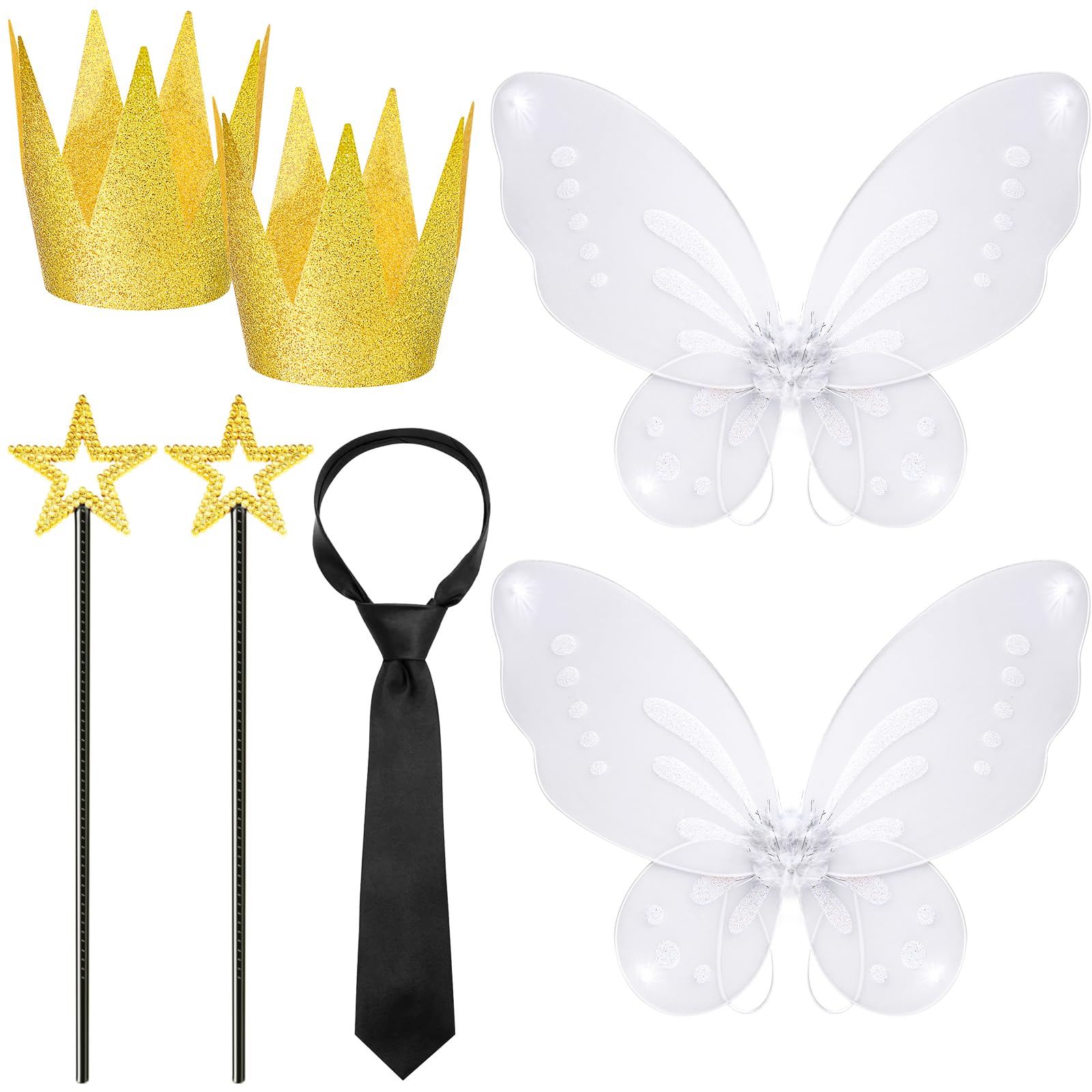 Photo 1 of 7 Pcs Halloween Fairy Parents Costume Include Fairy Star Wands Wing Gold Crown and Tie for Men Women Dress Up