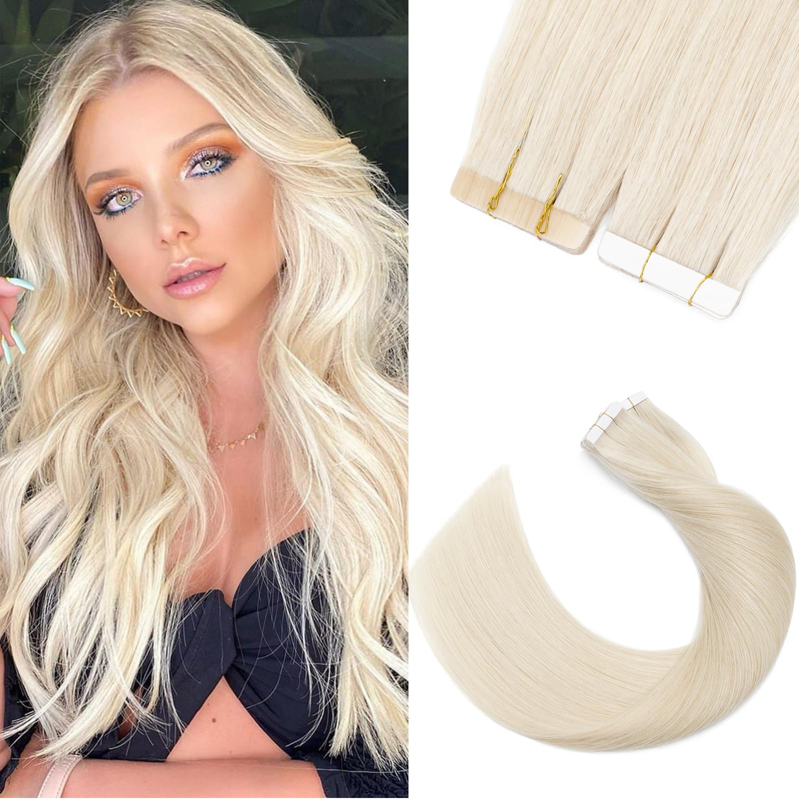 Hair Extensions Tape in on Remy Hair Extension Hair Pieces Silky Straight 20 Pcs 30g/Set #70 Bleach White 20" — image 1