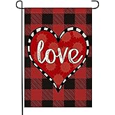 Doncida Valentines Day Love Garden Flag 12x18 Inch Double Sided Burlap Love Heart Buffalo Plaid Anniversary Small Yard Flag for Outside Decoration