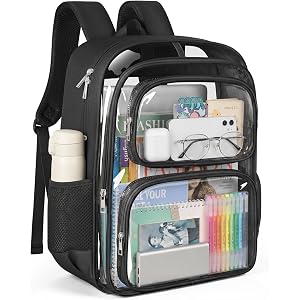 Mieakvool Clear Backpack, Fabric & PVC Clear Bookbag Heavy Duty Transparent Bag Large Capacity See Through Backpack with Thic
