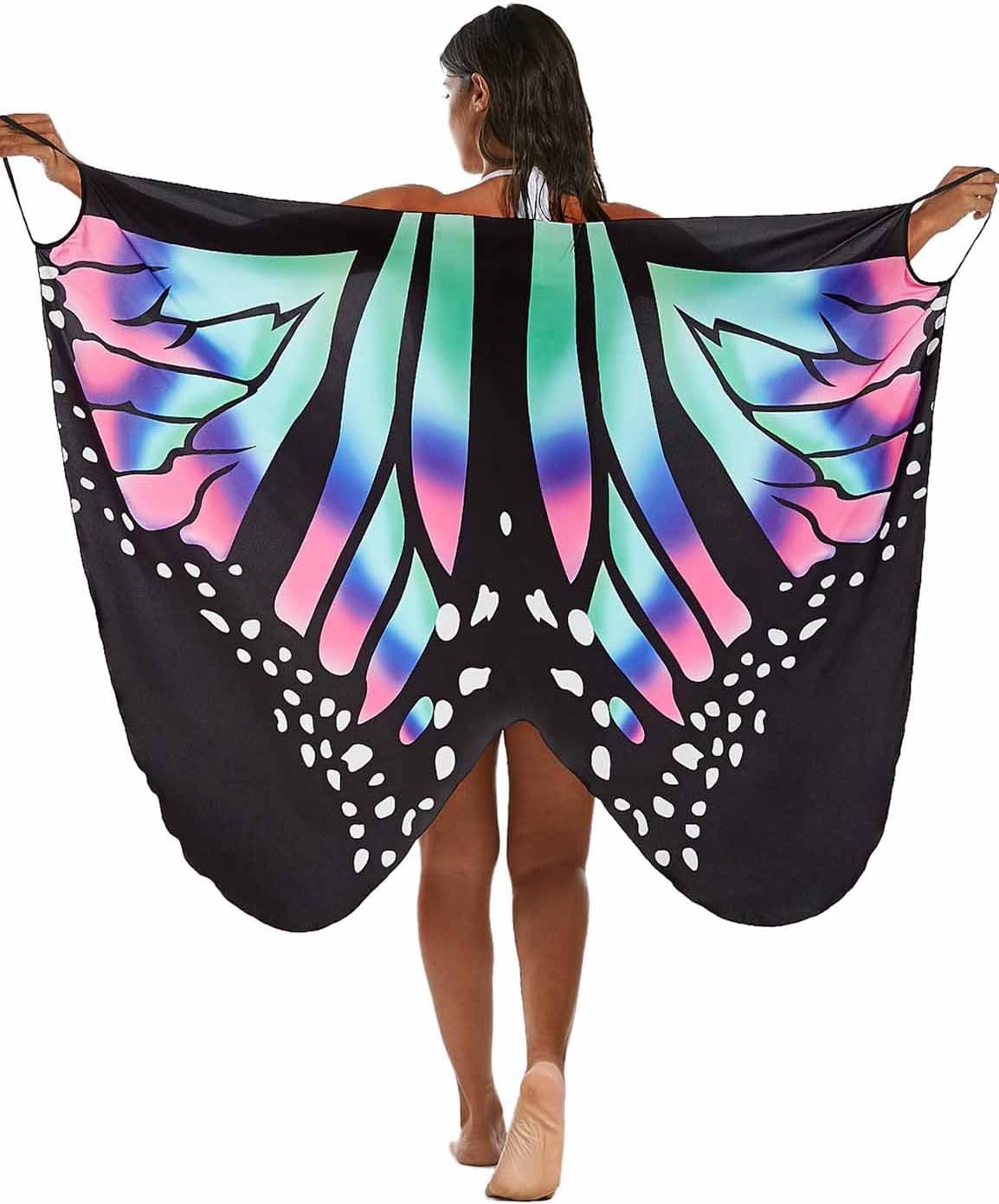 Vivilover Womens Spaghetti Strap Butterfly Print Cover Up Backless Bikini Wrap Beach Dress Swimwear