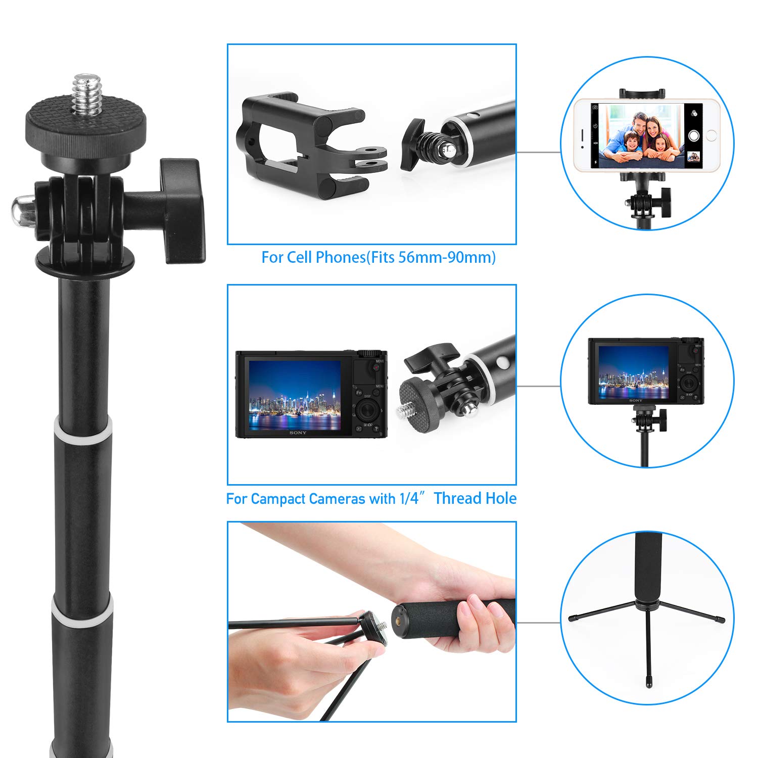 Selfie Stick, UBeesize Extendable Monopod with Tripod Stand and Bluetooth Shutter Remote for iPhone, Samsung, other Android phones, digital cameras and GoPro