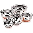 KSJONE Indian Serving Handi 5 Pcs. Set - Copper Bottom 500ml, 750ml, 900ml, 1400 ml, 1900 ml. Stainless Steel Cooking Pot Biryani Punjabi Kitchen Serving, Bowl (5-Pieces)