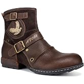 Psanfawq Motorcycle Boots Men Waterproof Leather -Retro Moto Biker Boots with Zip Up &amp; Harness, Riding Combat Boots for Men Casual &amp; Daily Wear