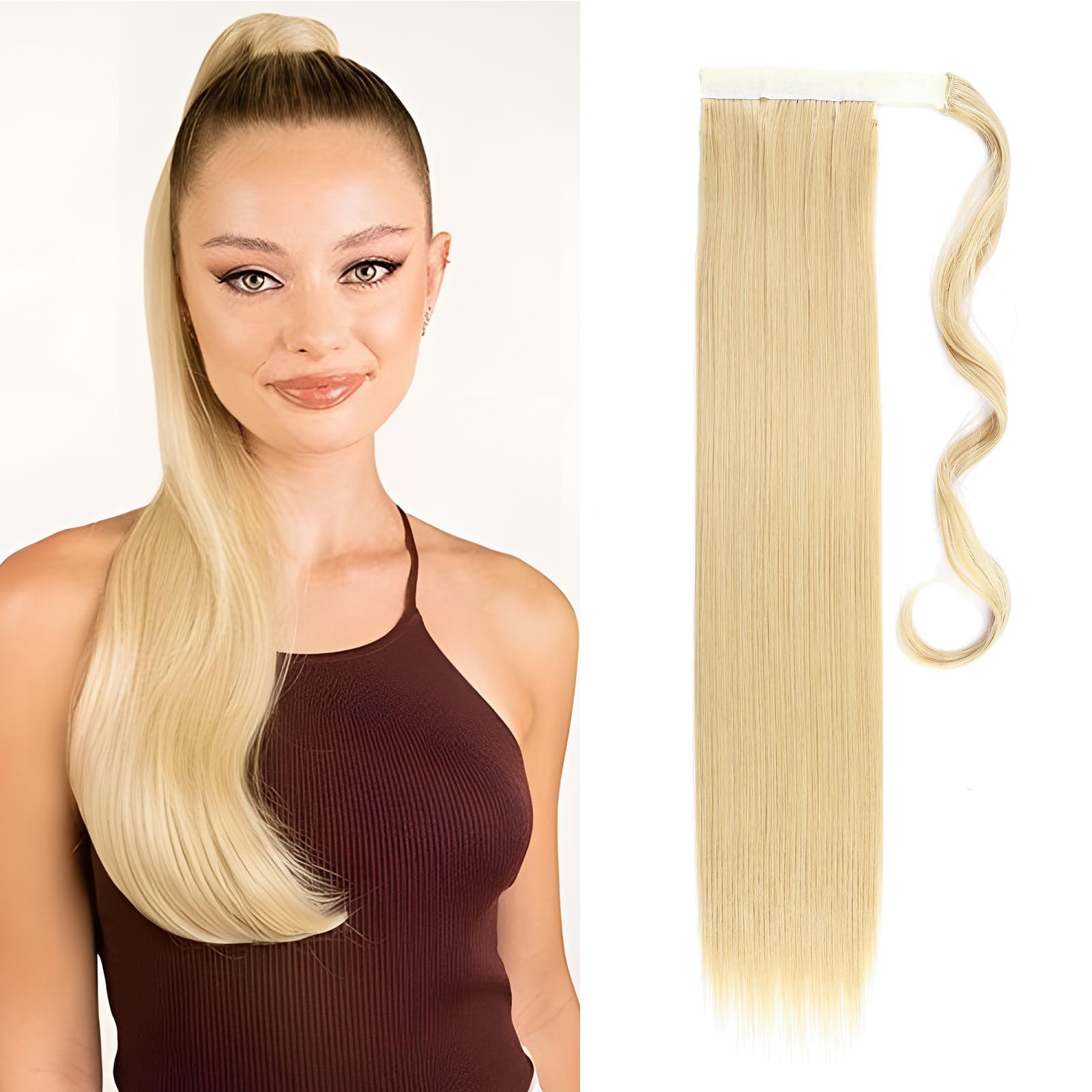 Silk-co 23inches Ponytail Hair Extension Clip in/on Ponytail Straight Synthetic Wrap Around Extension Hairpiece for Women(Golden&Bleach Blond)