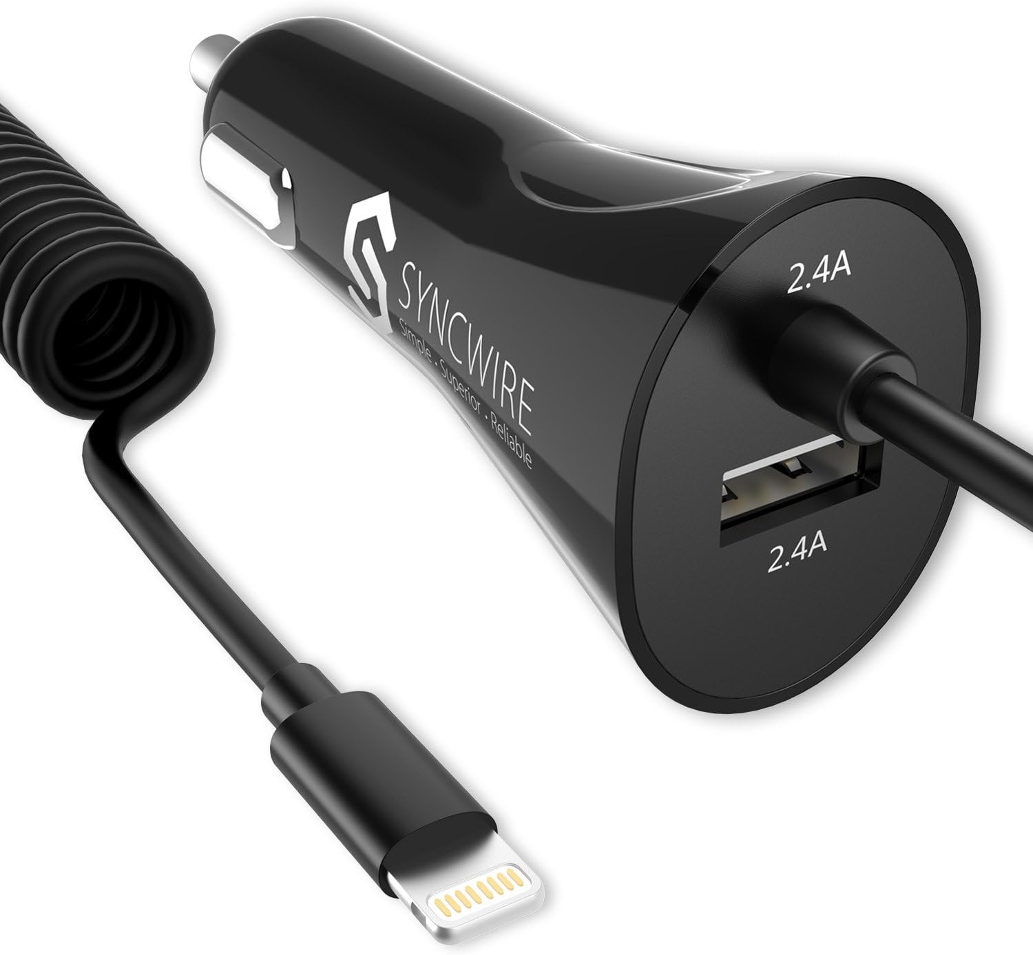 iPhone Car Charger - Syncwire 4.8A/24W USB Car Charger Adapter with Coiled MFI Lightning Cable for iPhone Xs, Max, XR, X, 8, Plus, 7, Plus, 6S, Plus, Ipad & More - Black