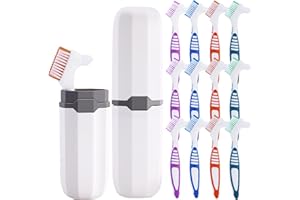 Affbei 12 Pcs Denture Brush Toothbrush Hard Denture Toothbrush Brush Cleaning Brush with 2 Pcs White Carrying Case for Denture Care (Green, Purple, Blue and Orange)