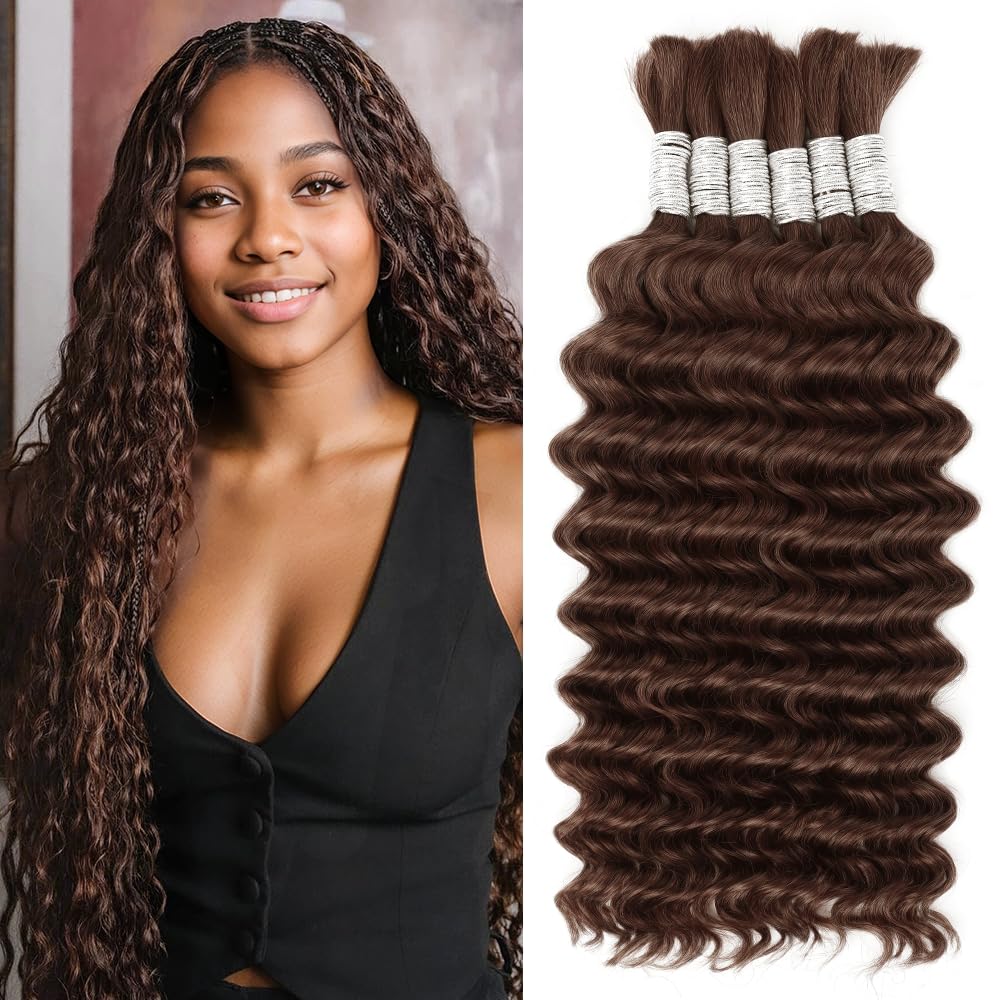 Photo 1 of Human Hair Braiding Hair 22 Inch 6 Bundles Human Braiding Hair No Weft Deep Wave Bulk Human Hair for Braiding Hair Extensions for Boho Braids 150g 4#